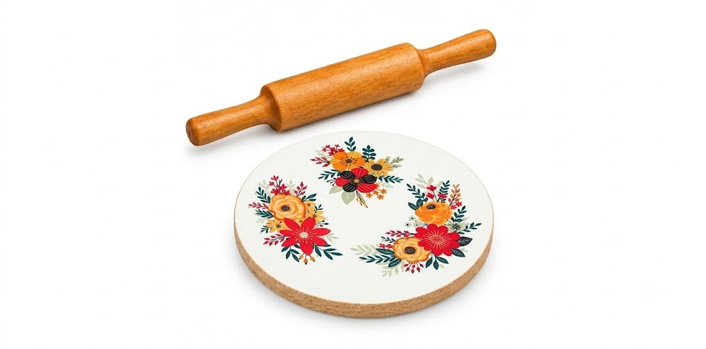 Floral wooden chakla belan set for traditional roti making