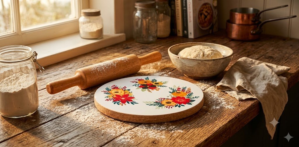 Floral wooden chakla belan set on kitchen countertop for roti preparation