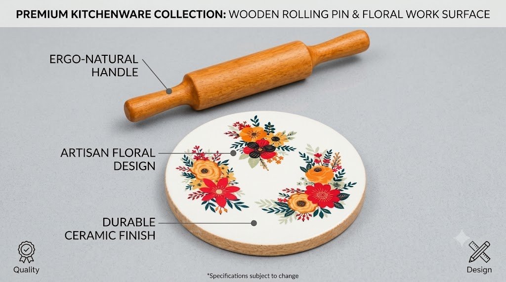 Wooden chakla belan set featuring ergonomic rolling pin and floral chakla design
