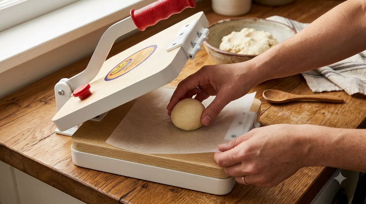 Wooden chapati maker press with dough ball for easy roti preparation